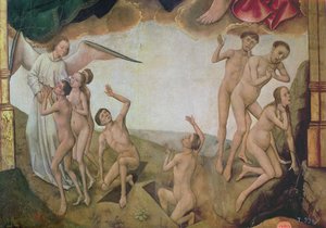 Un angelo accoglie i beati in paradiso mentre a destra i dannati vengono trascinati dai diavoli all